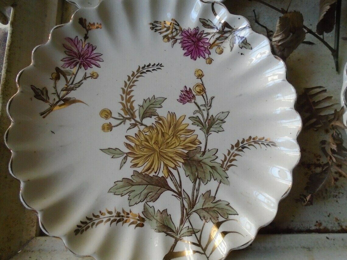 4 Antique French Hand Painted Floral Plates, Gilded, Chrysanthemum Floral Design photo Home Decor