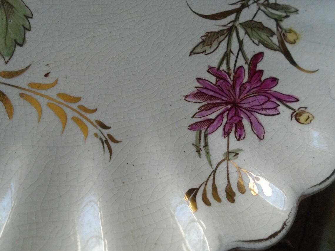 4 Antique French Hand Painted Floral Plates, Gilded, Chrysanthemum Floral Design photo buy