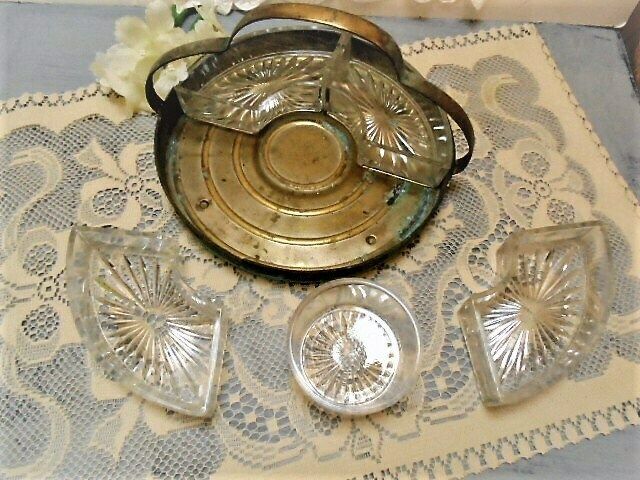 Antique French Art Deco Aperitif Snack Tray, 5 Glass Serving Dishes, Olive And Nut Server photo furniture