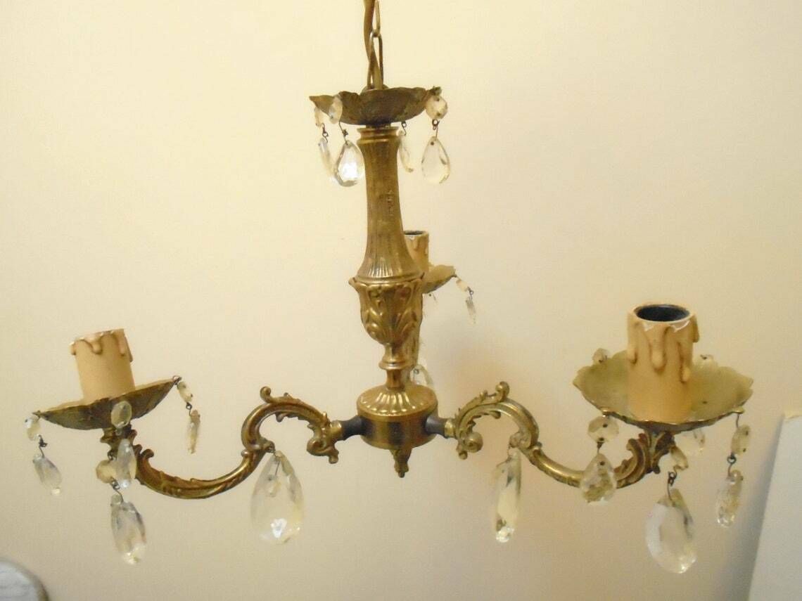 Lustre à suspension vintage en bronze et verre cristal, 3 bougies