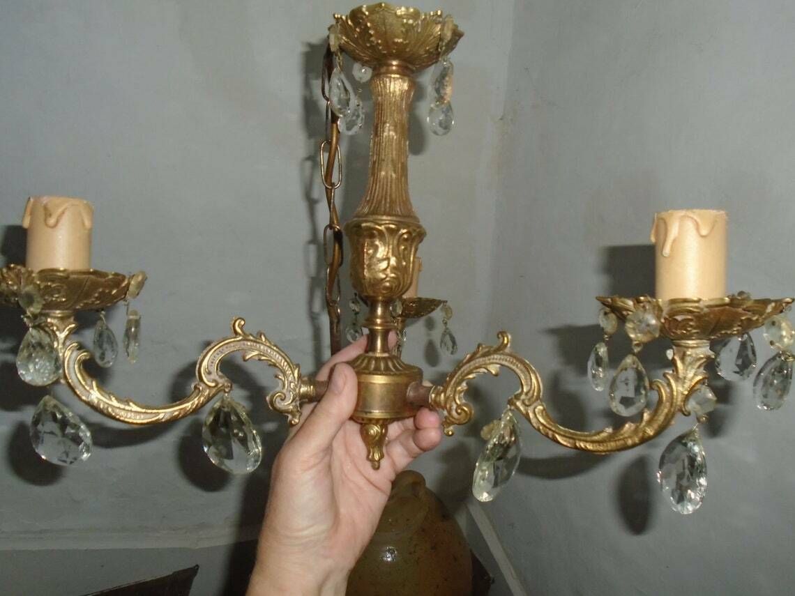 Lustre à suspension vintage en bronze et verre cristal, 3 bougies photo vinterior