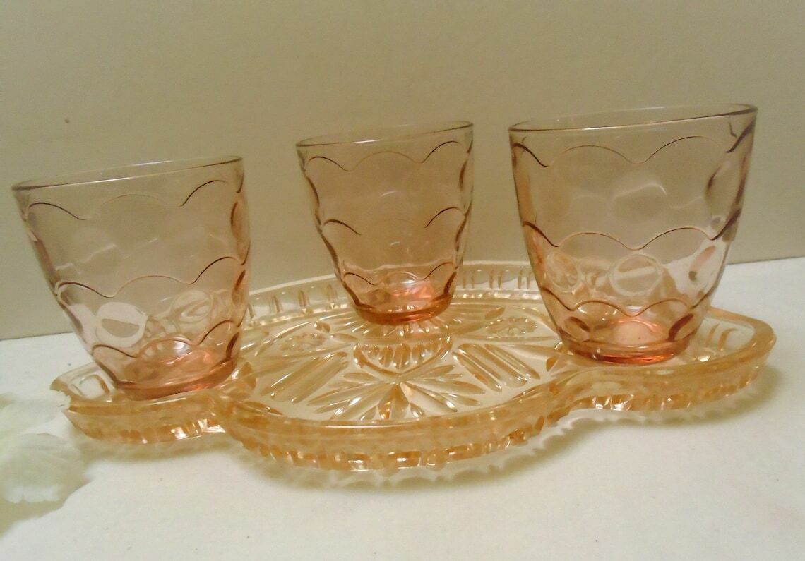 French Art Deco Pressed Glass Tray With 3 Glasses, Peach Salmon Depression Glass Barware Set, Dressing Table Water Glasses photo Home Decor