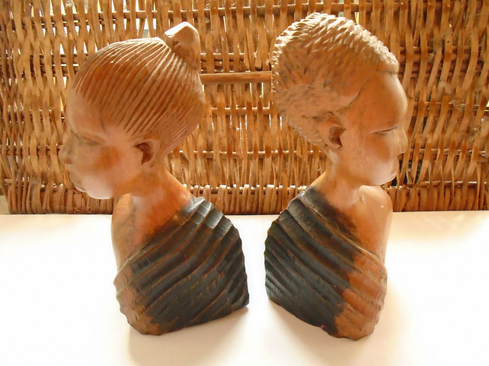 Two Vintage Carved African Women Statues, Wood Bookends, African Tribal Art Book Ends photo furniture
