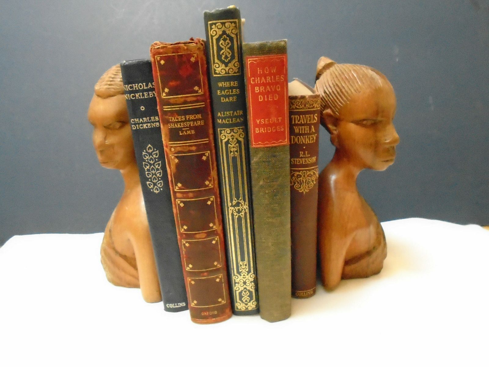 photo for sale Two Vintage Carved African Women Statues, Wood Bookends, African Tribal Art Book Ends