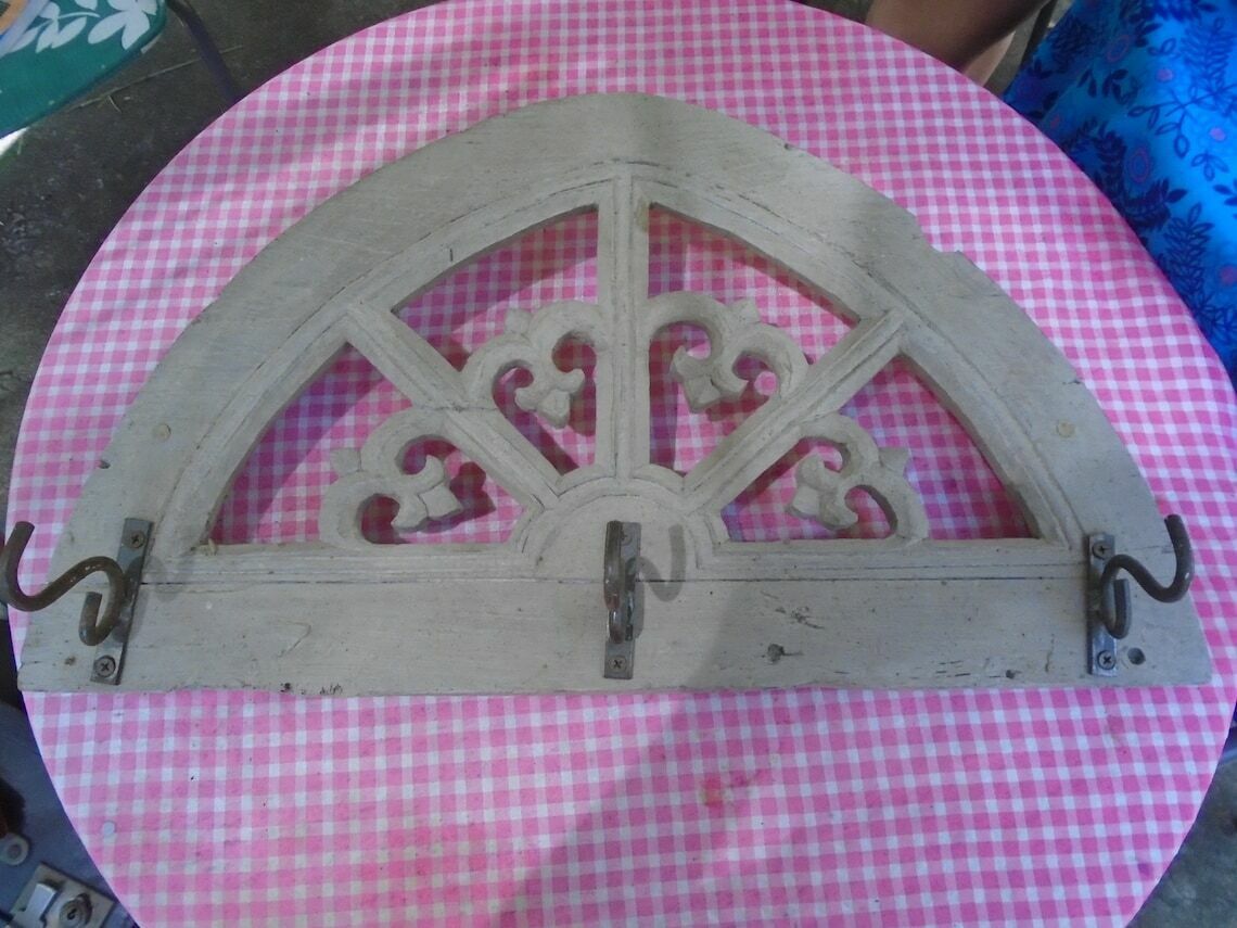 Antique French Hand Carved Fleur De Lys Wood Coat Rack, Wrought Iron Hooks, Rustic Shabby Chic Coat / Hat Rack photo Furniture