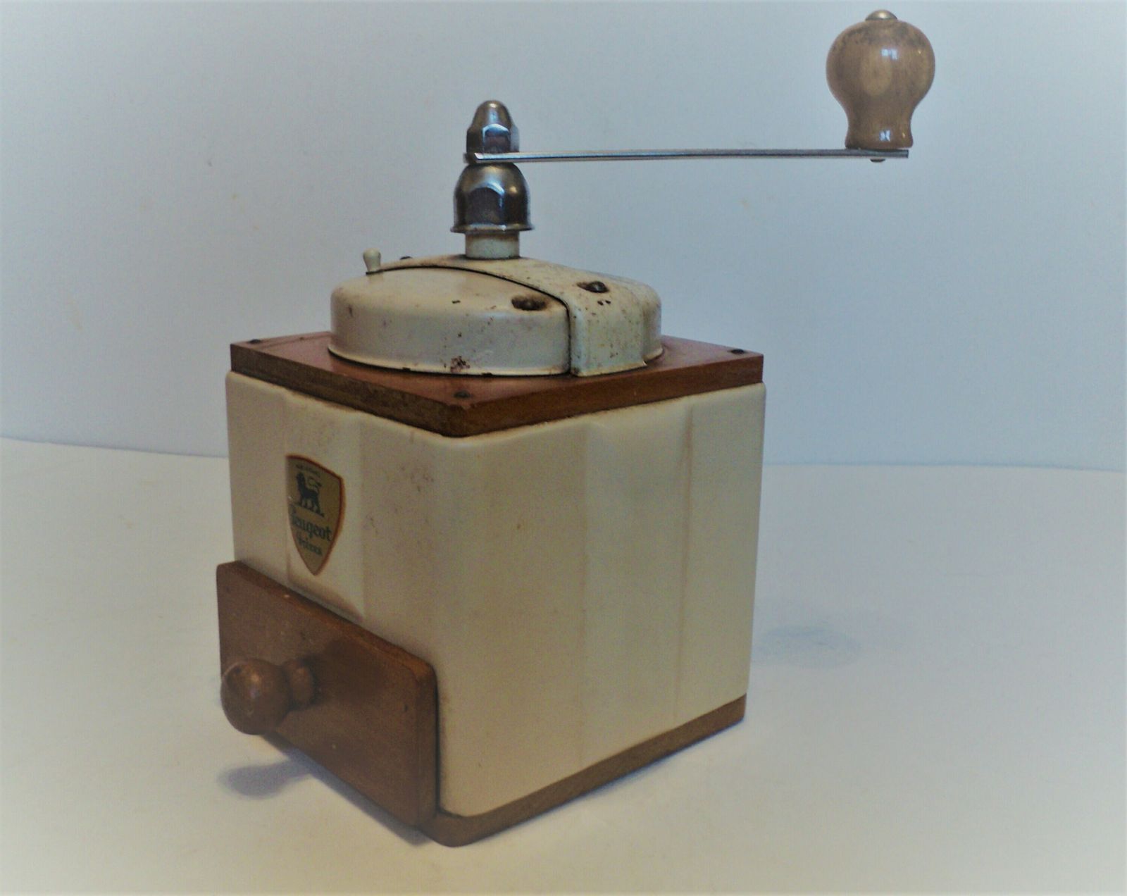 Antique French Peugot Freres Mechanical Coffee Grinder, Cream Metal Lid And Sides, Hand Made Wood Case With Drawer photo for sale