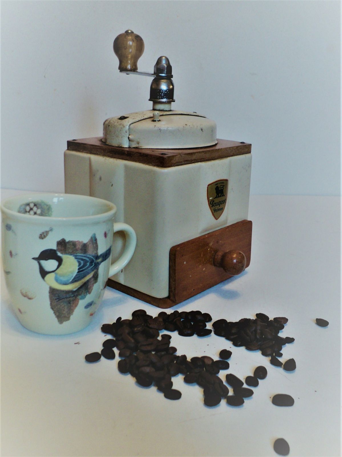 photo for sale Antique French Peugot Freres Mechanical Coffee Grinder, Cream Metal Lid And Sides, Hand Made Wood Case With Drawer
