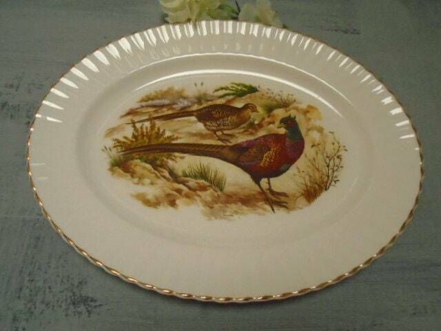 Large Vintage Oval White China Serving Plate With Pheasants / Thanksgiving Server / Turkey Or Game Serving Dish, Made In England