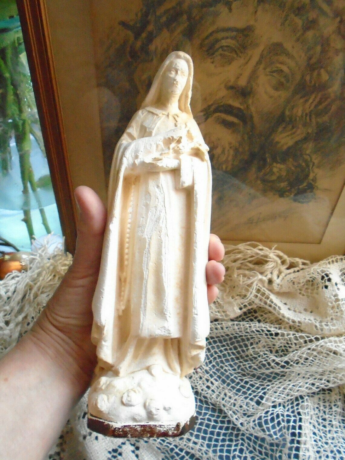 Antique French Antique French Plaster Of Paris St Therese Statue / 11" Tall Chalk Saint Therese Of Lisieux photo vintage