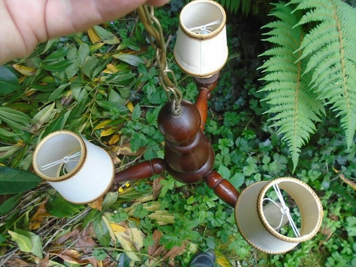Vintage French Three Arm Wood Chandelier, 1960s, French Ceiling Light, Candlestick Style photo Lighting