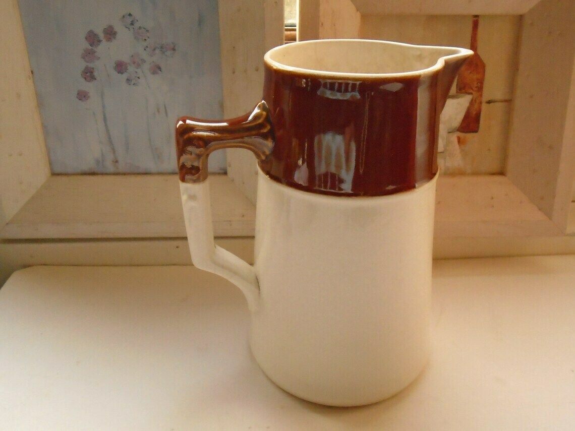 Antique French Tall Cream And Brown Ceramic Pitcher, Water Jug, Flower Vase, Ironstone Pitcher photo furniture