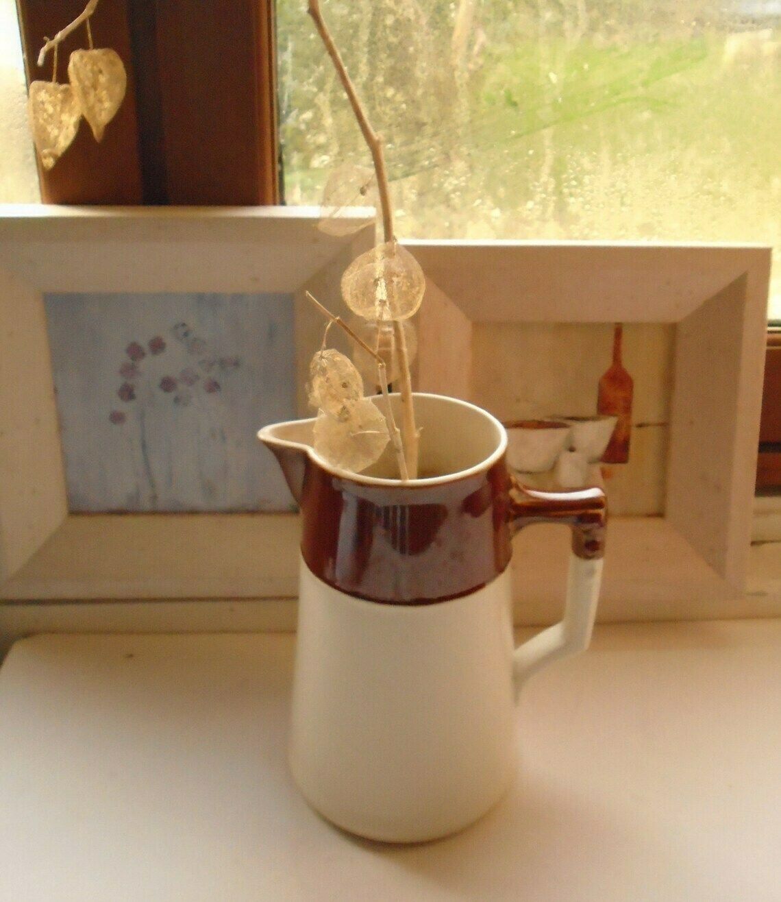 photo furniture Antique French Tall Cream And Brown Ceramic Pitcher, Water Jug, Flower Vase, Ironstone Pitcher