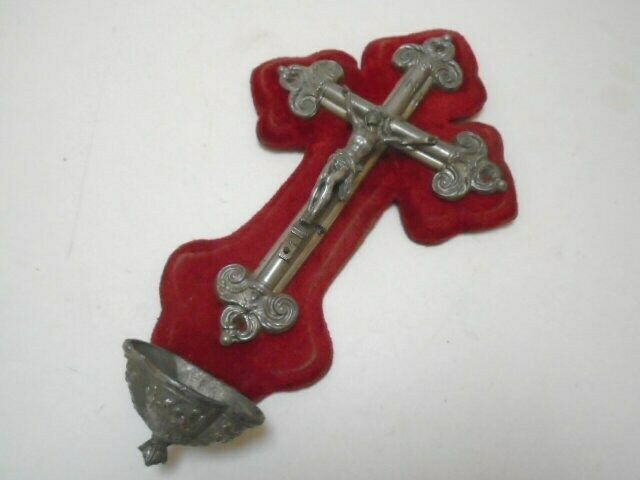 Antique French Benitier With Silver Tone Crucifix On Timeworn Red Velvet photo for sale