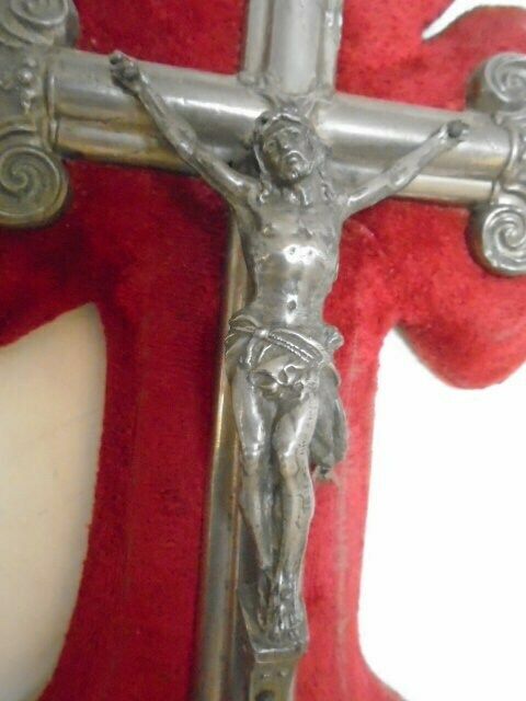 Antique French Benitier With Silver Tone Crucifix On Timeworn Red Velvet photo vintage