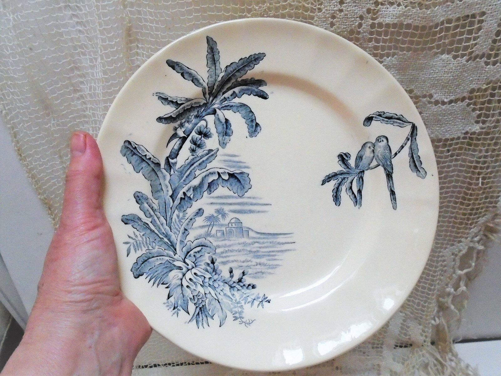 photo furniture Rare Antique Cream French Ironstone Plate, Longchamp, 'Exotique', Banana Palms With Parrots, Blue Gray Transferware