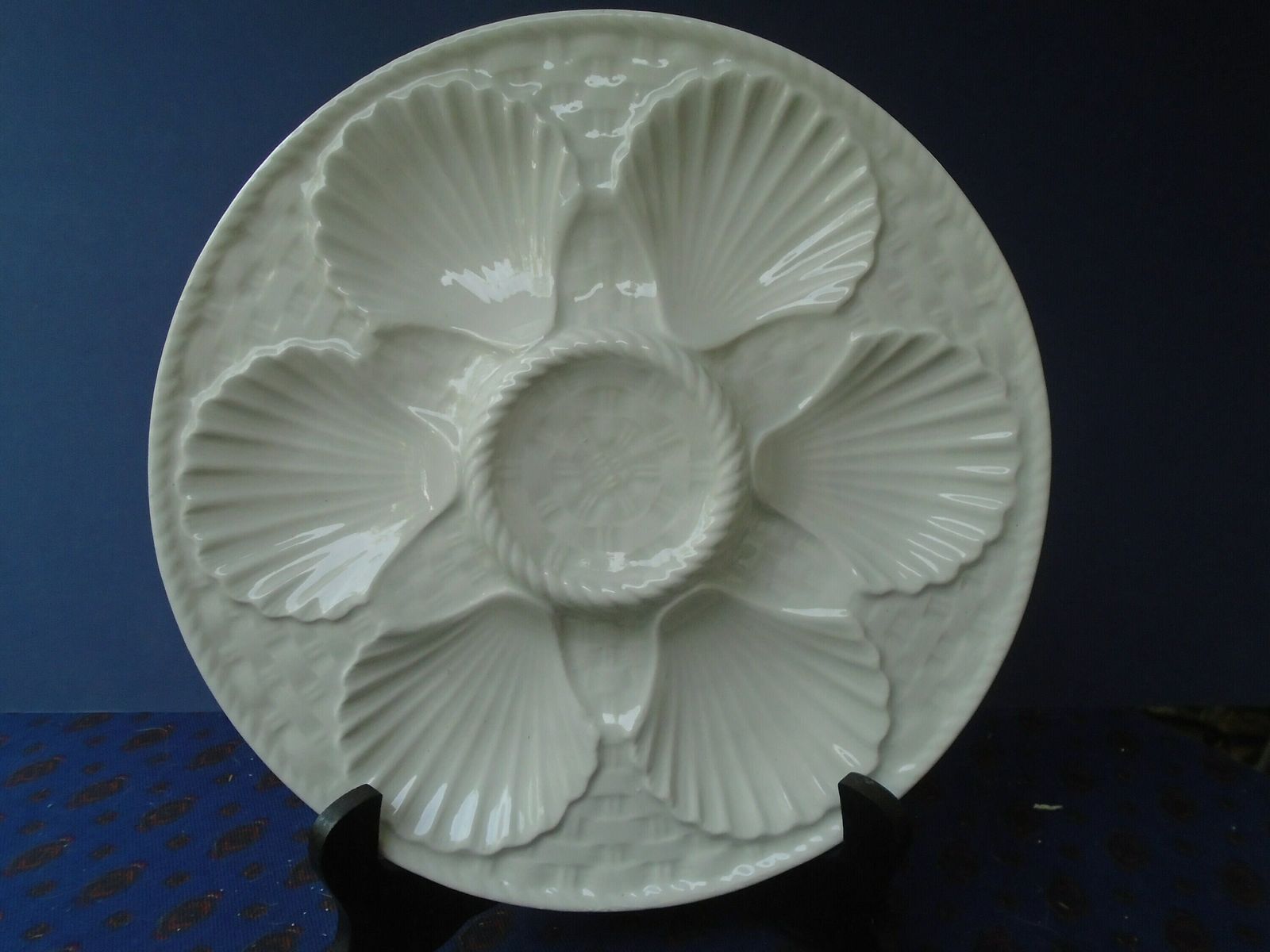 Two Antique French Longchamp Cream Porcelain Oyster Plates, Seafood Plates, Cream Seafood Plates, Sold In Sets Of 2