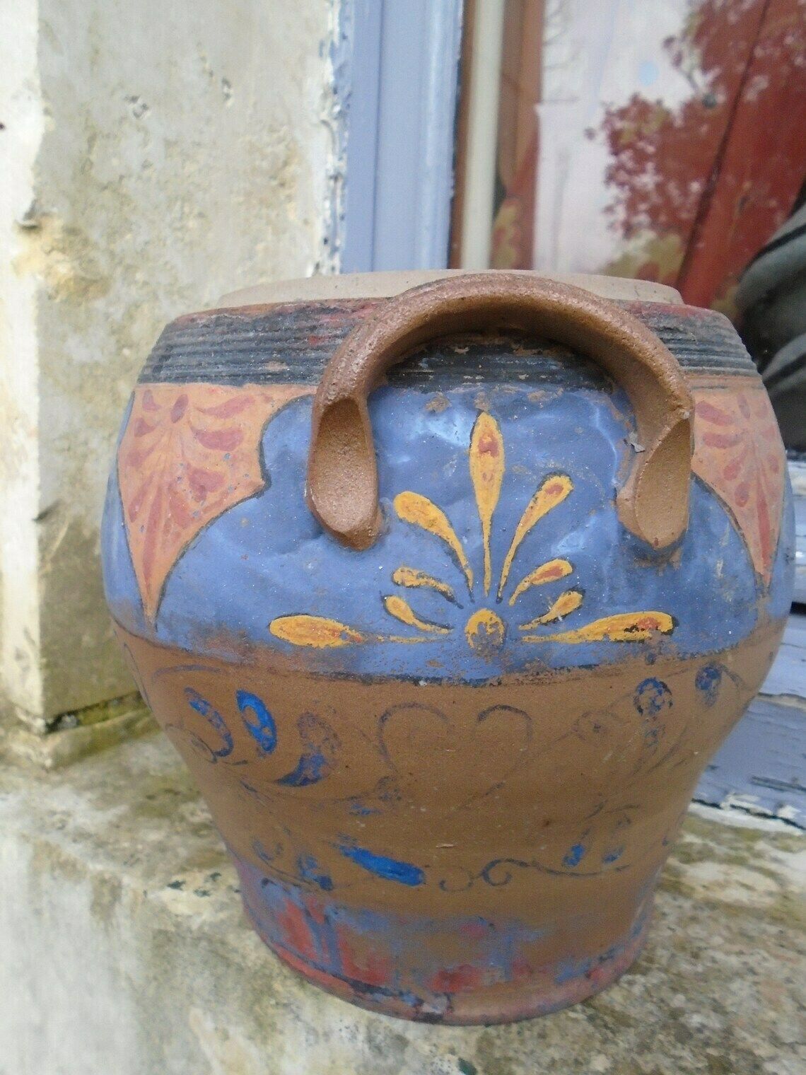Rare Antique French Hand Painted Stone Jar, Rillettes Jar, Cooking Utensil Holder, Flower Pot, Rustic Farmhouse Jar photo for sale