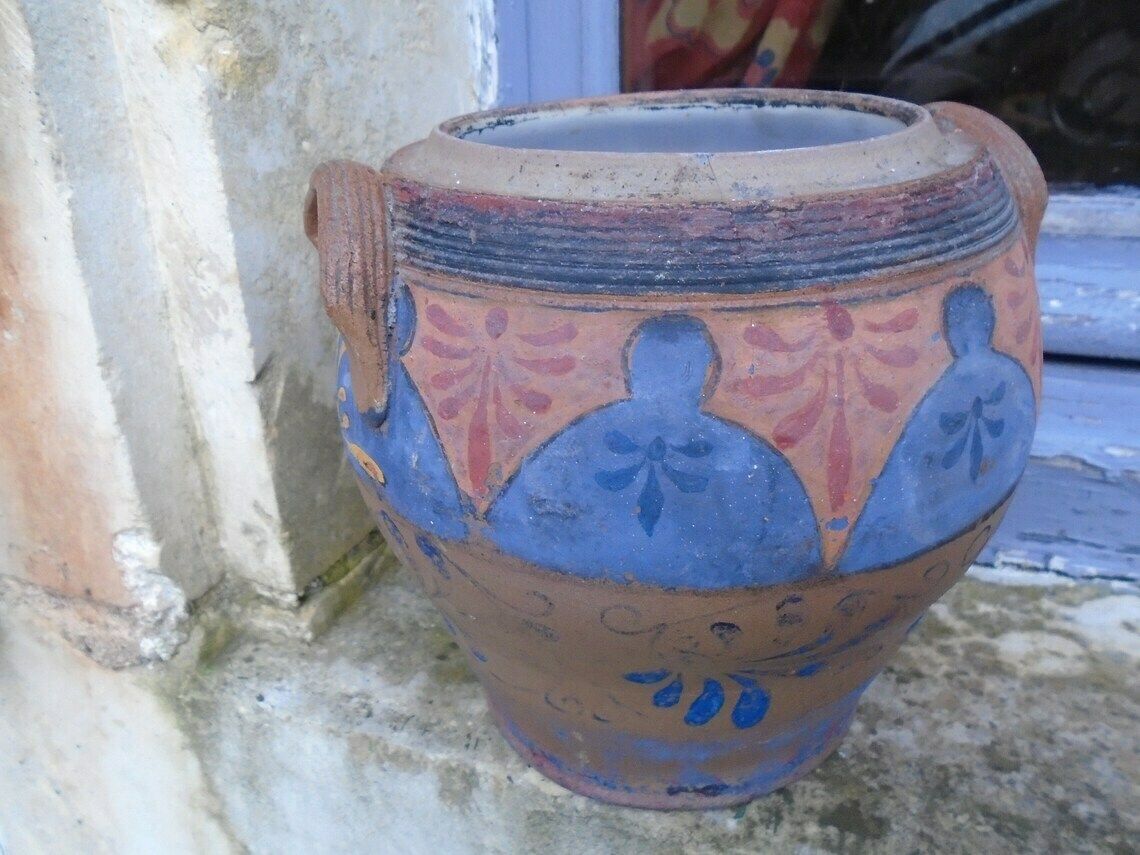 photo furniture Rare Antique French Hand Painted Stone Jar, Rillettes Jar, Cooking Utensil Holder, Flower Pot, Rustic Farmhouse Jar