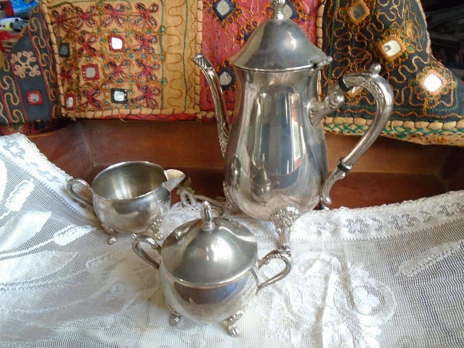 Antique French Silver Plated Art Nouveau Tea / Coffee Set, Tea/Coffee Pot, Sugar Basin And Milk Jug, 1920s photo furniture
