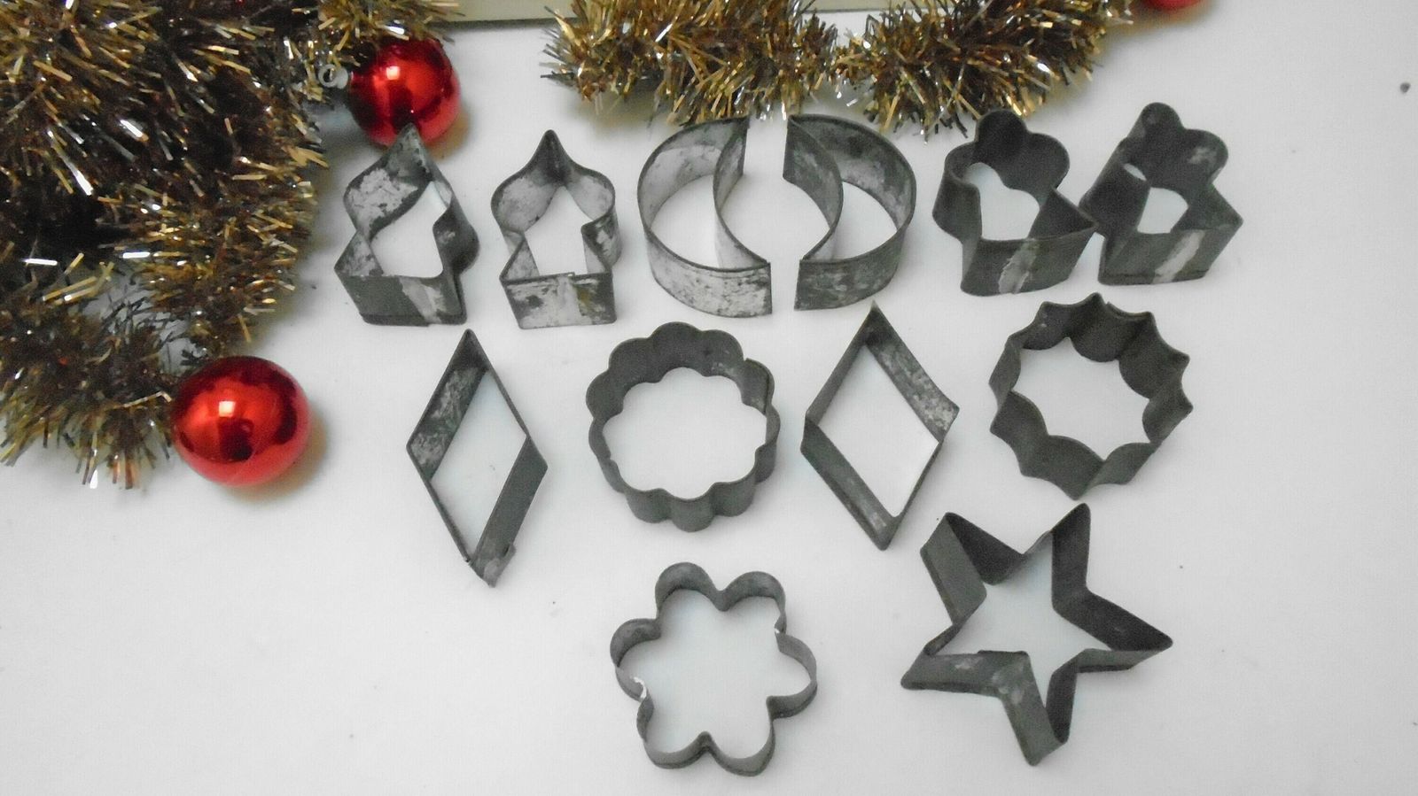 12 Antique French Metal Pastry. Cookie Or Scone Cutters, Christmas Tin Cutters, Angels, Stars, Diamonds photo for sale