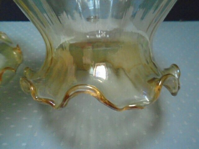 2 Vintage French Pale Gold Ribbed Glass Lamp Shades, Globe Glass Shades With Frilly Top Rim photo 113.0