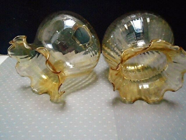 photo for sale 2 Vintage French Pale Gold Ribbed Glass Lamp Shades, Globe Glass Shades With Frilly Top Rim