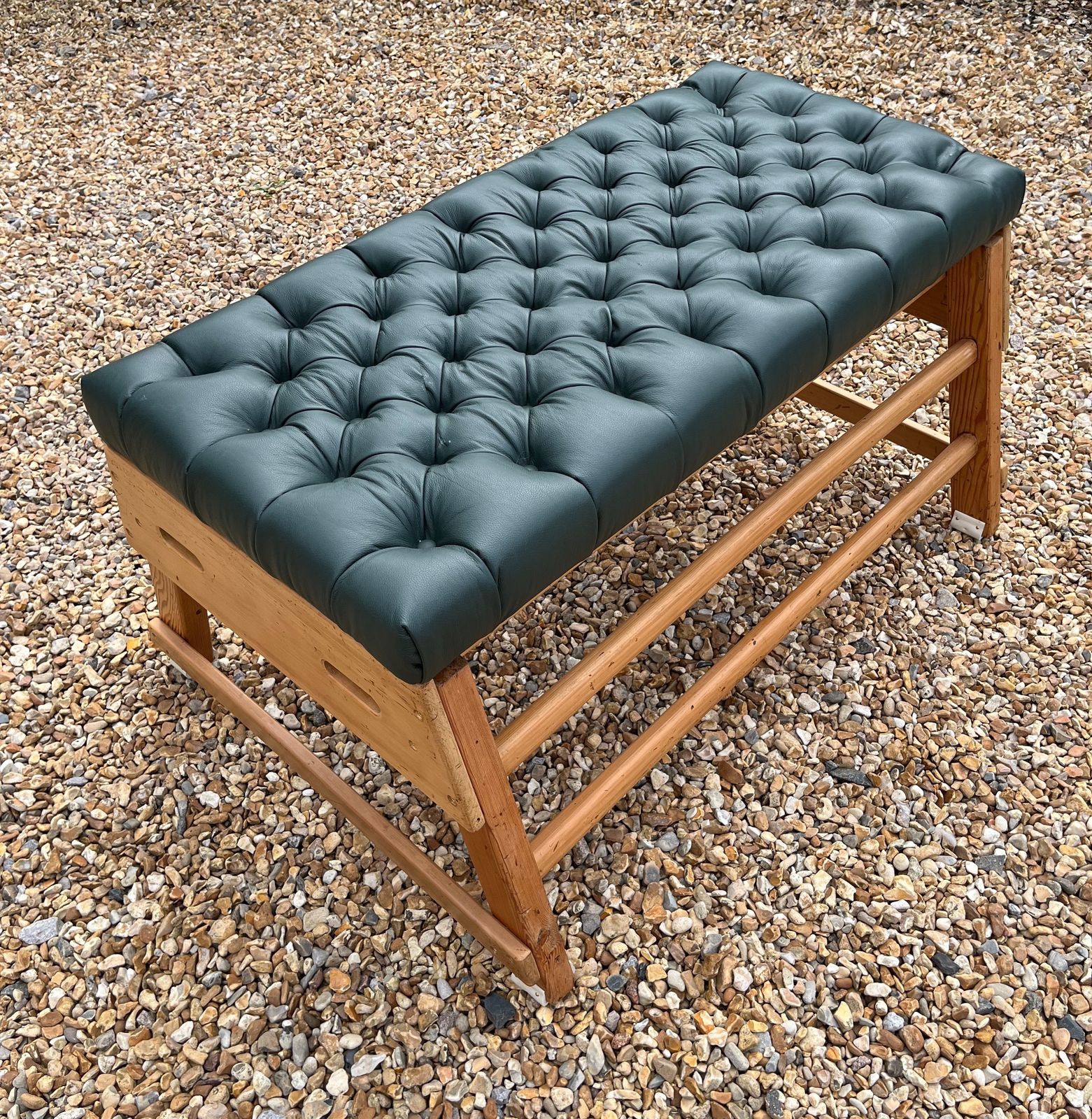 Vintage School Gym Bench Upholstered Green Leather Chesterfield Style W/Buttons photo vintage