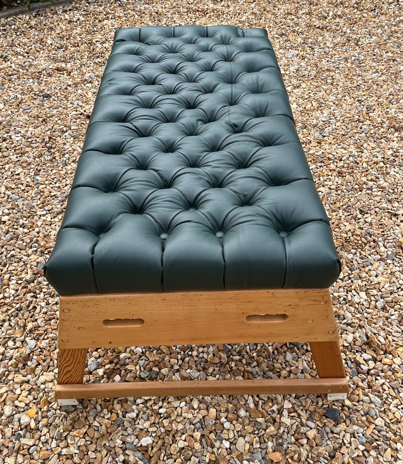 photo for sale Vintage School Gym Bench Upholstered Green Leather Chesterfield Style W/Buttons