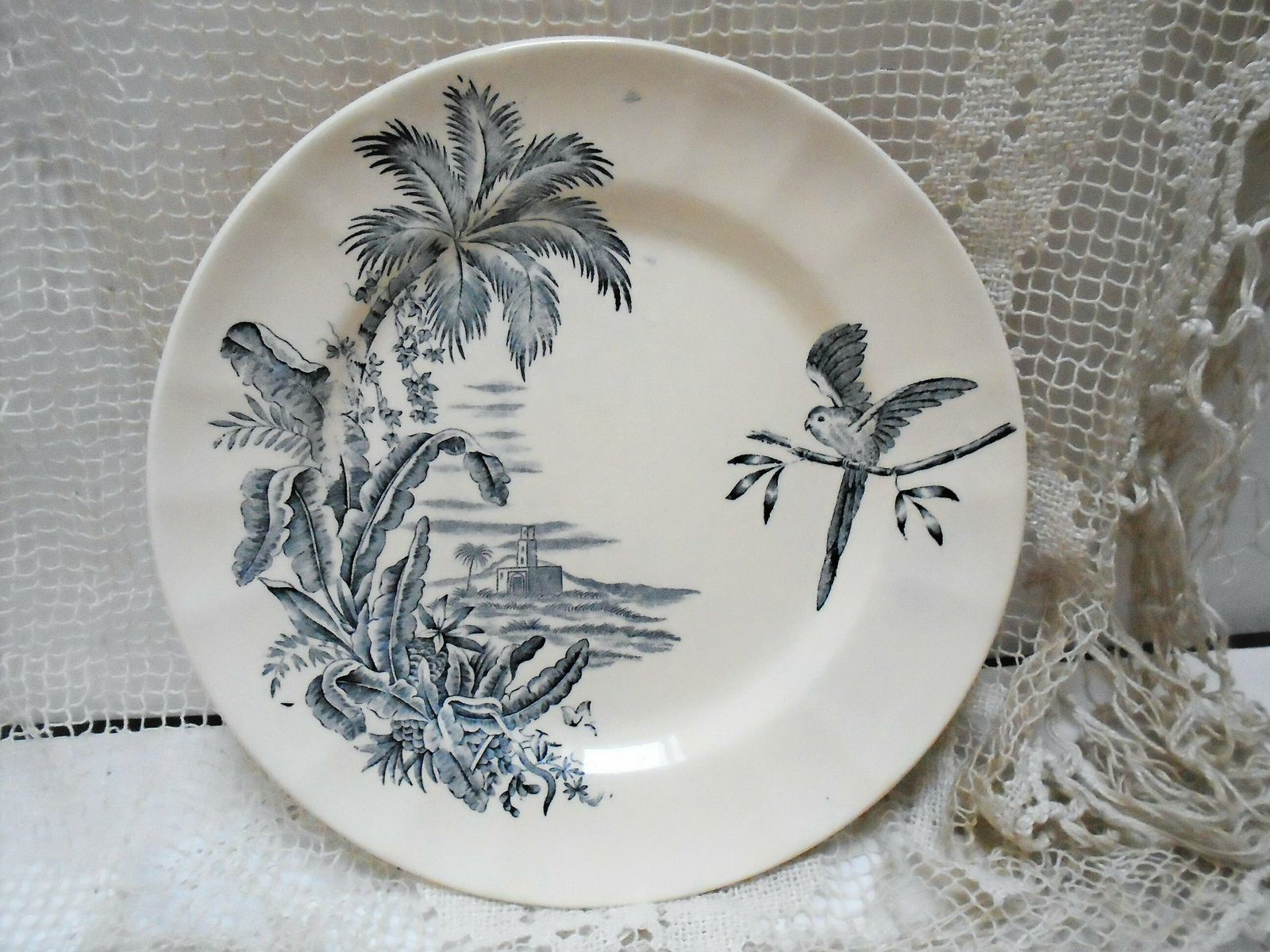 Rare Antique Cream French Ironstone Plate, Longchamp, 'Exotique', Banana Palms With Parrot, Blue Gray Transferware