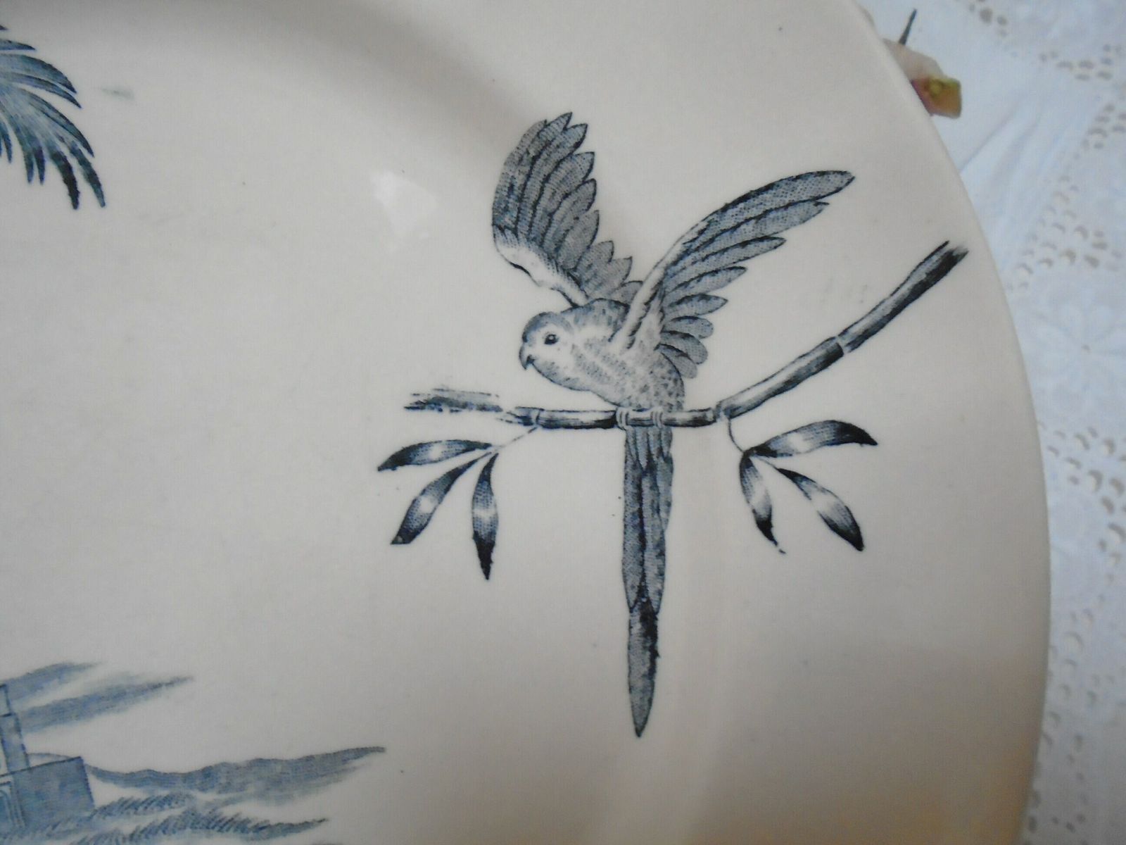 Rare Antique Cream French Ironstone Plate, Longchamp, 'Exotique', Banana Palms With Parrot, Blue Gray Transferware photo for sale