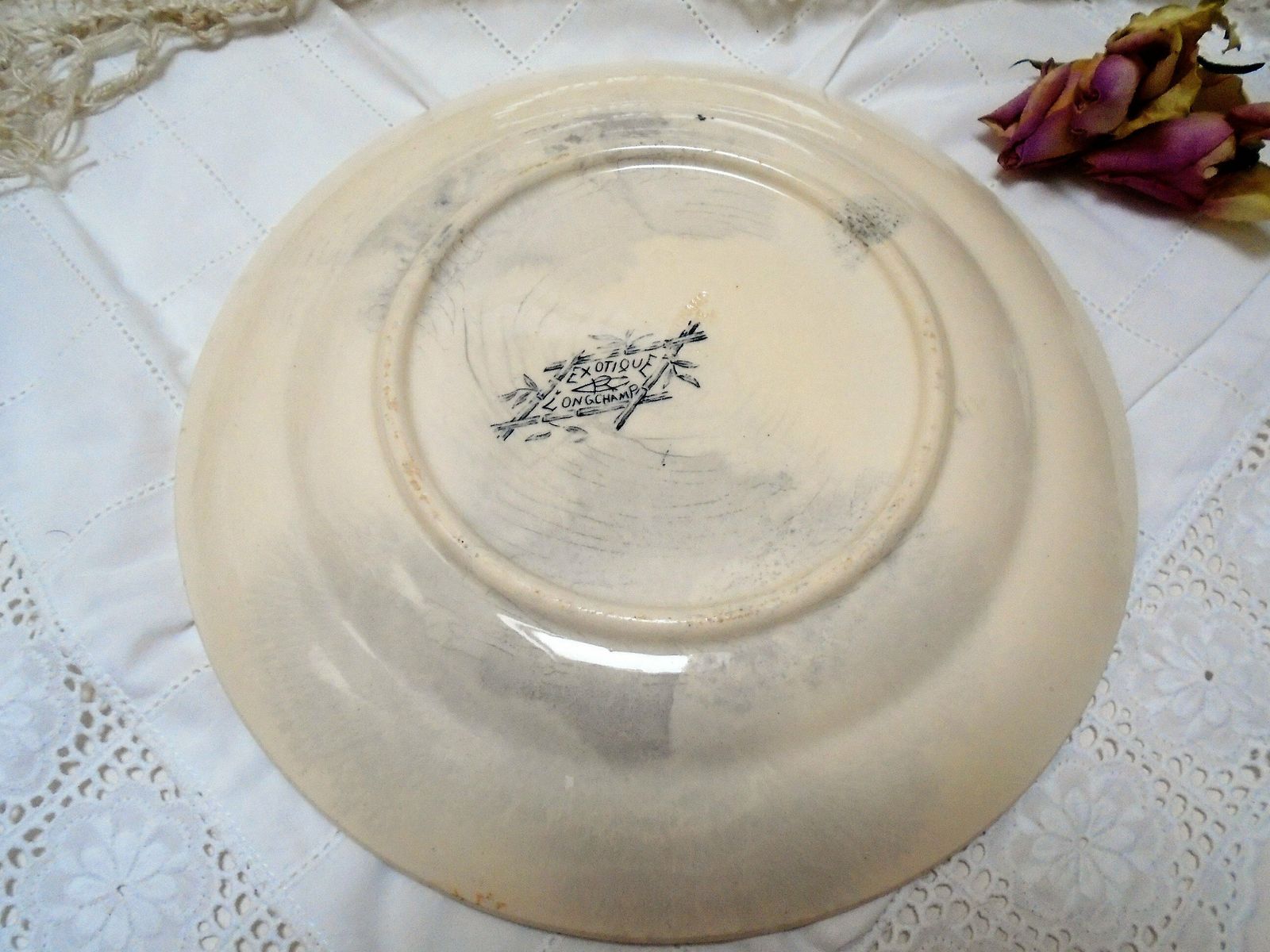 Rare Antique Cream French Ironstone Plate, Longchamp, 'Exotique', Banana Palms With Parrot, Blue Gray Transferware photo vinterior