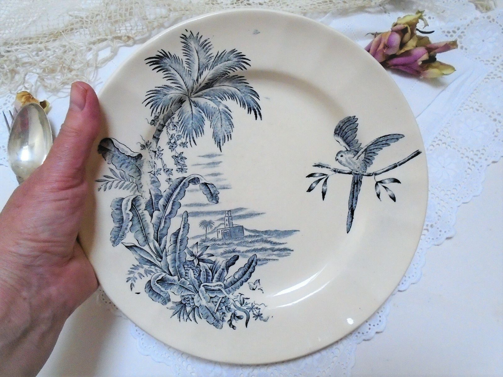 Rare Antique Cream French Ironstone Plate, Longchamp, 'Exotique', Banana Palms With Parrot, Blue Gray Transferware photo vintage