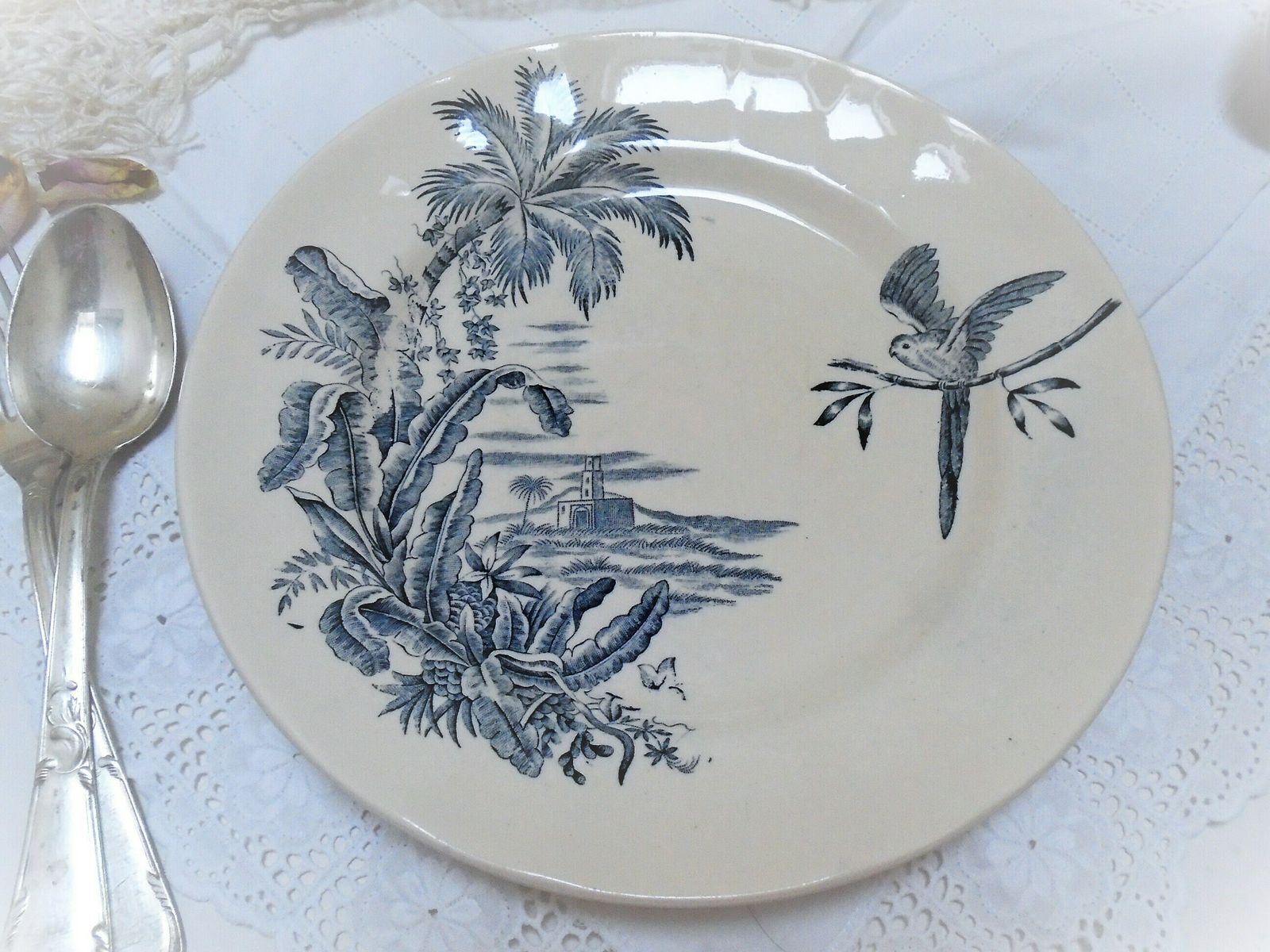photo furniture Rare Antique Cream French Ironstone Plate, Longchamp, 'Exotique', Banana Palms With Parrot, Blue Gray Transferware