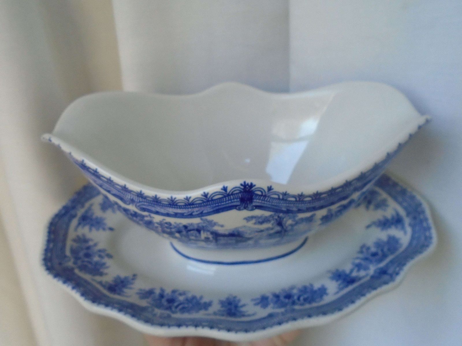 Beautiful Antique French Luneville Special Grand Feu, Sauciere / Sauce Boat, Blue And White, All In One, Porcelaine