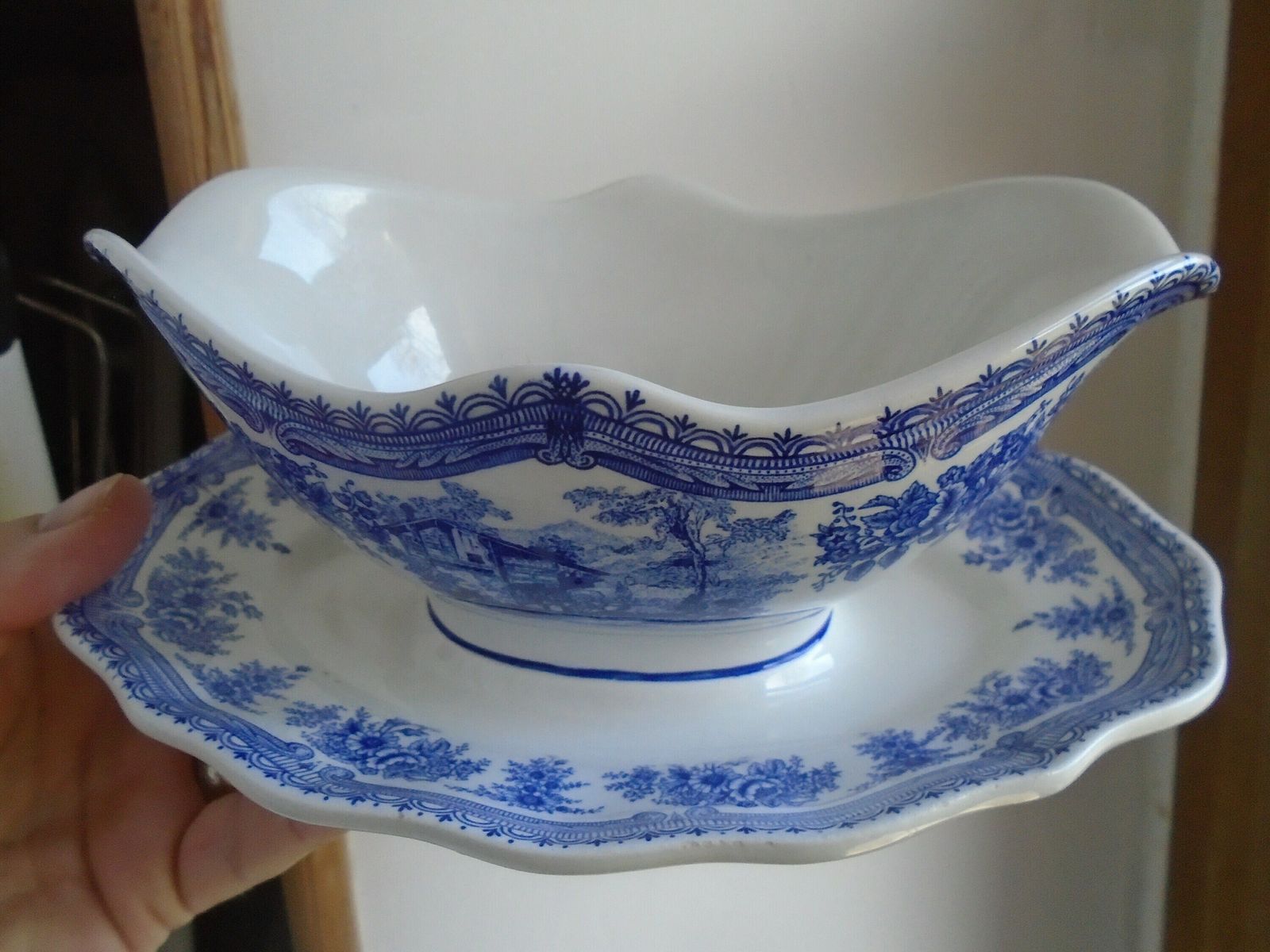 Beautiful Antique French Luneville Special Grand Feu, Sauciere / Sauce Boat, Blue And White, All In One, Porcelaine photo Home Decor