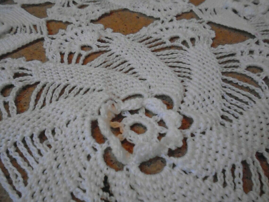 Stunning Vintage White Crochet French Table Square, Table Doily, Tablecloth For Small Table, 25" X 25" photo for sale