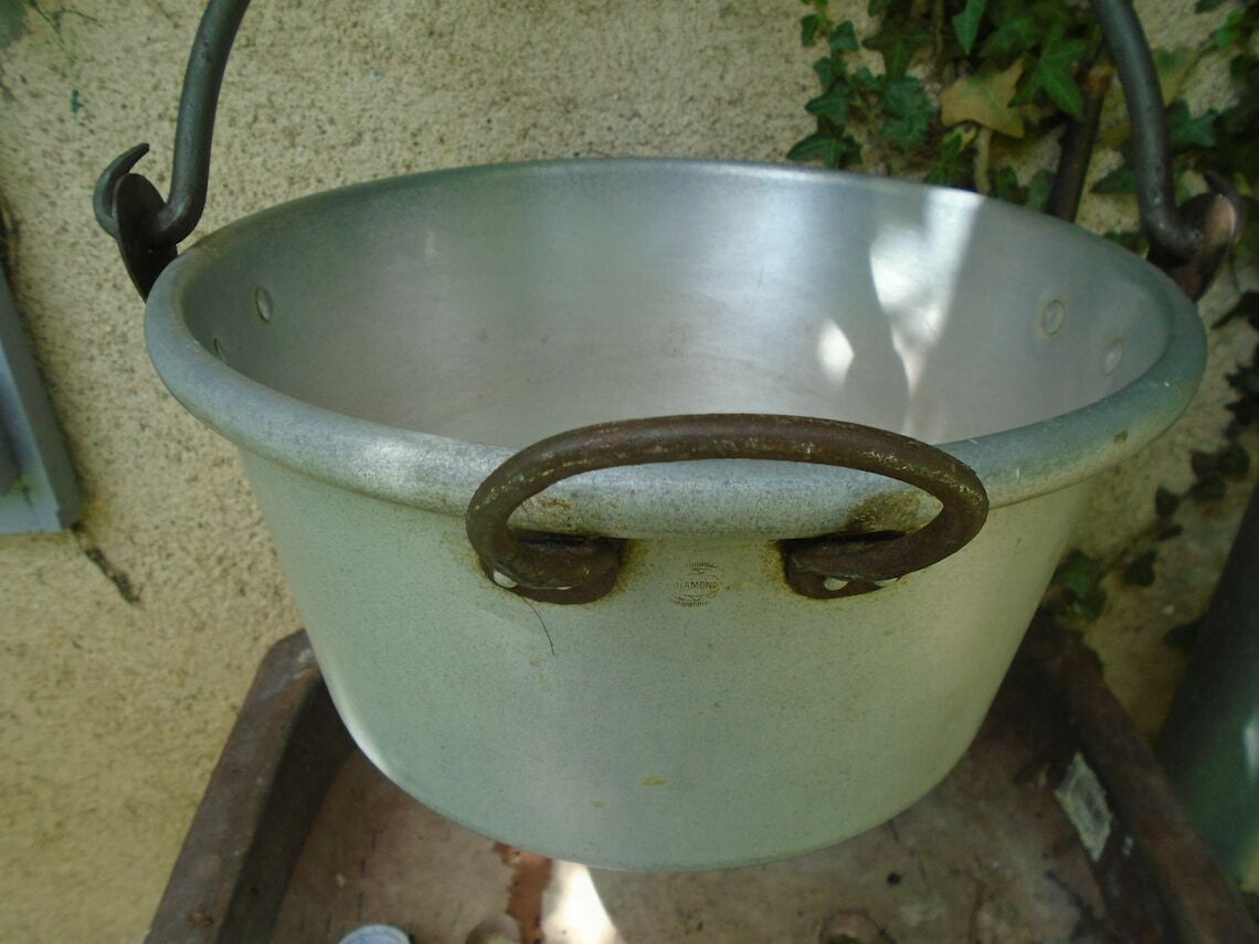 Vintage French Aluminum Jam Preserving Pan, Metal Confiture Pan, Rustic Farmhouse Pan, 1950s Jam Pan photo furniture