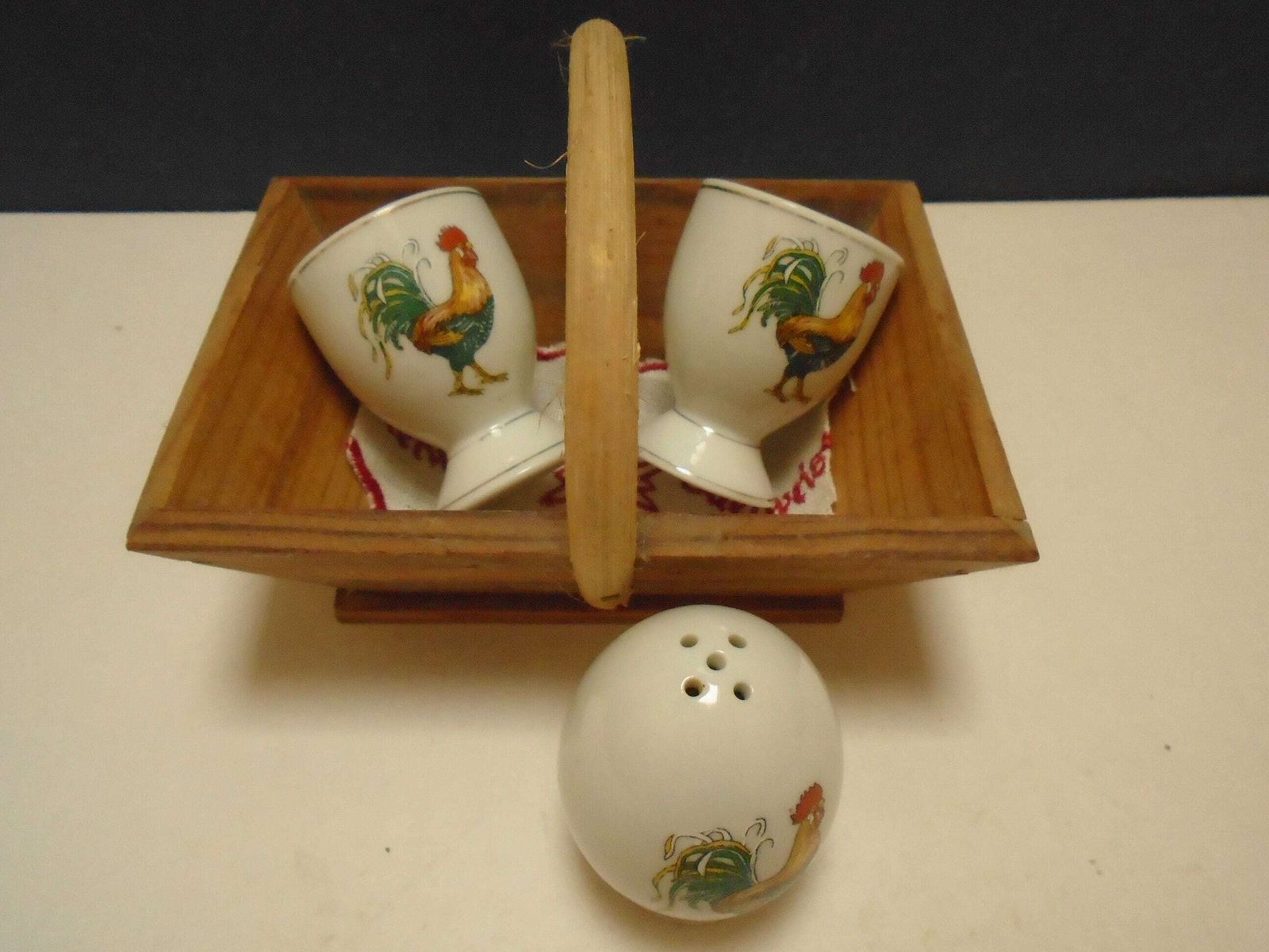 Vintage French Wood Basket With 2 Porcelain Egg Cups And 1 Salt Shaker, Cockerel Design Coquetier photo furniture