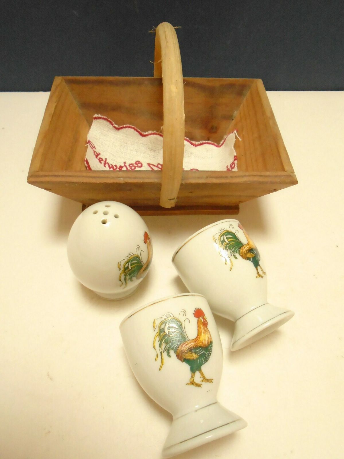 photo for sale Vintage French Wood Basket With 2 Porcelain Egg Cups And 1 Salt Shaker, Cockerel Design Coquetier