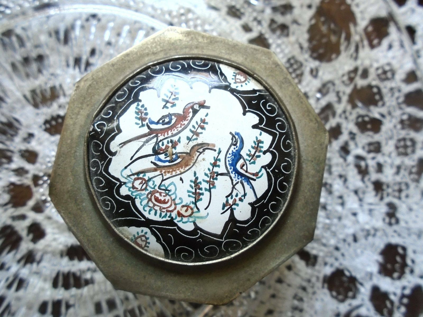 Vintage Silver Trinket Tin With Enamel Hand Painted Inlay