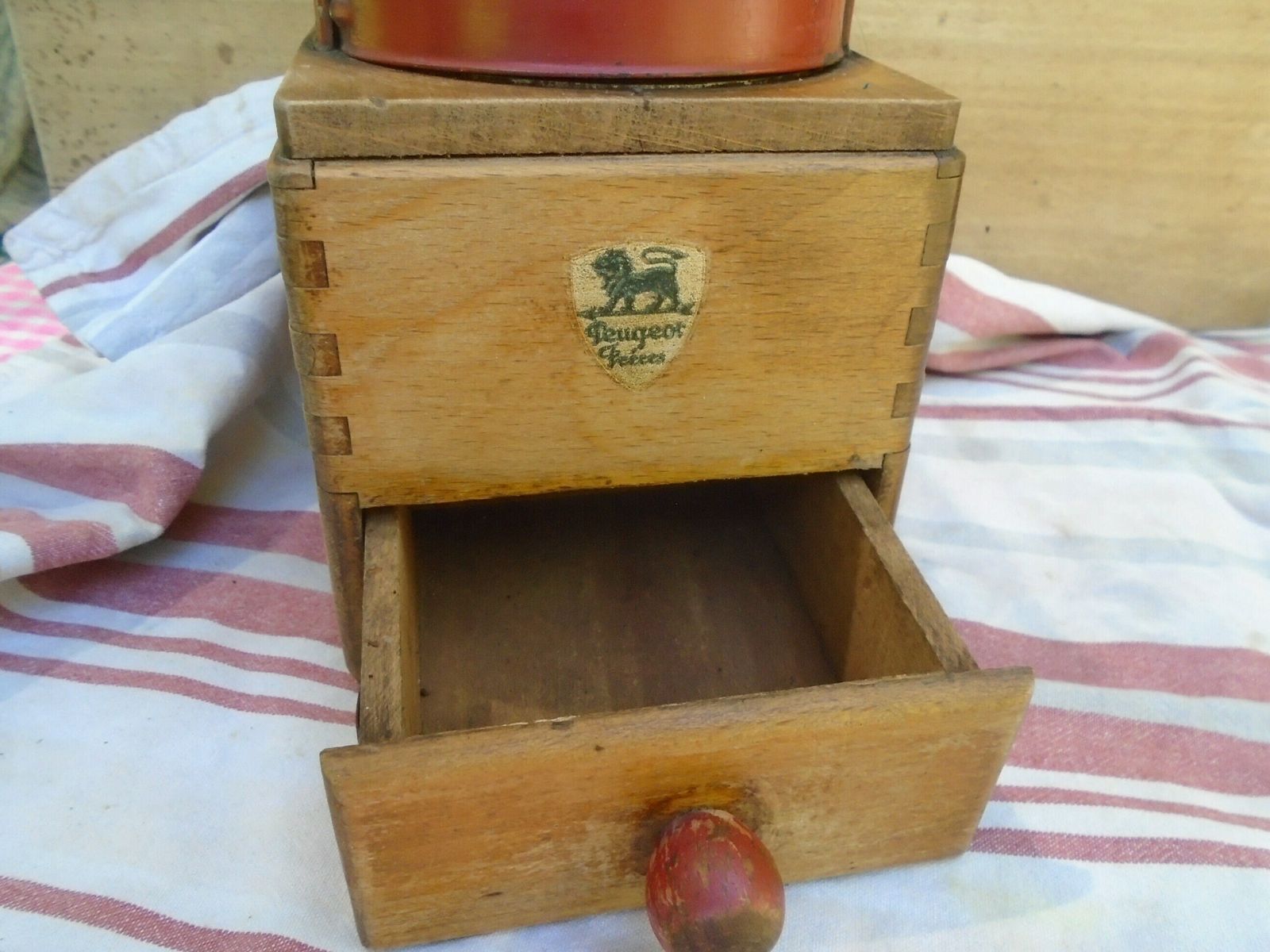 Antique French Peugot Freres Mechanical Coffee Grinder, Red Metal Lid And Hand Made Wood Case With Drawer photo 83.0