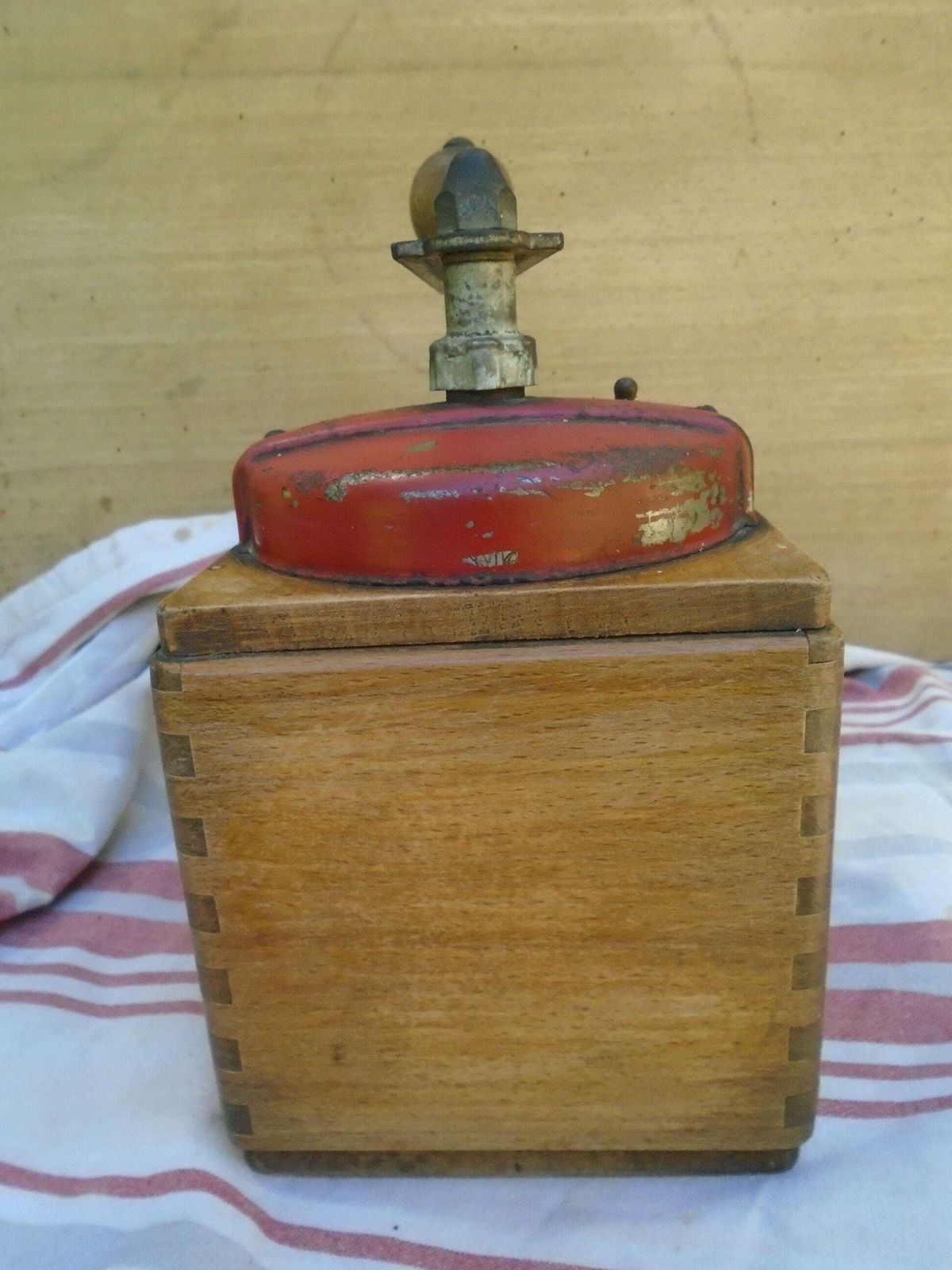 photo for sale Antique French Peugot Freres Mechanical Coffee Grinder, Red Metal Lid And Hand Made Wood Case With Drawer