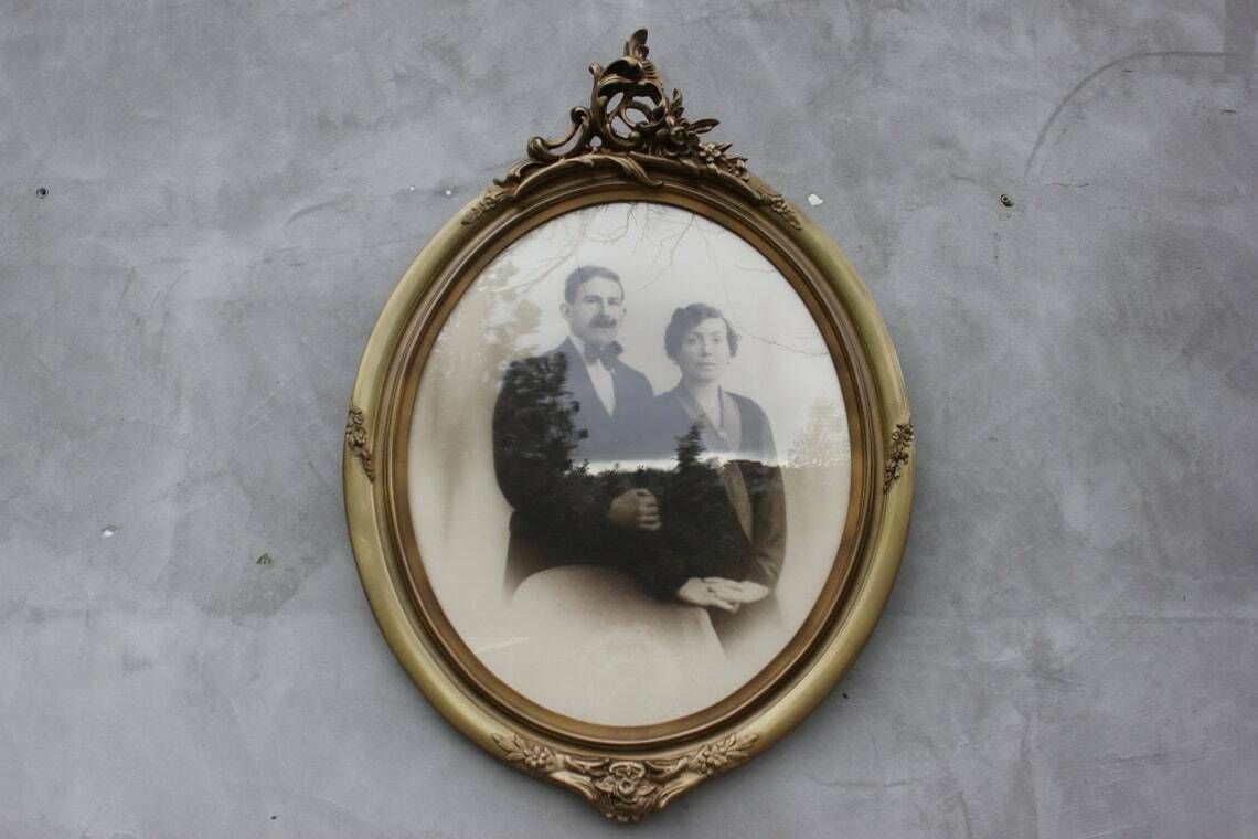 Antique Wood And Gilded Plaster Frame 1900's Large Family Portrait Framed Black And White Photo For Wall Hanging photo for sale