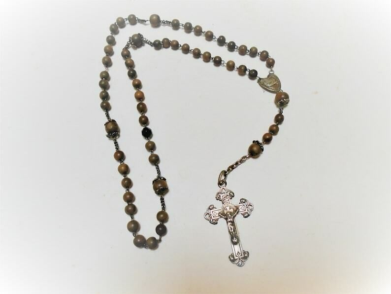 photo furniture Beautiful French Antique 5 Decade Rosary Wood Beads And Silver Crucifix And Medal