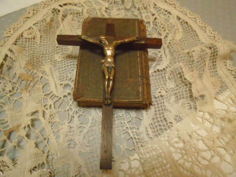 Vintage French Wall Crucifix Slim Wall Crucifix Wood Cross And Brass Corpus Of Christ Religious Wall Hanging