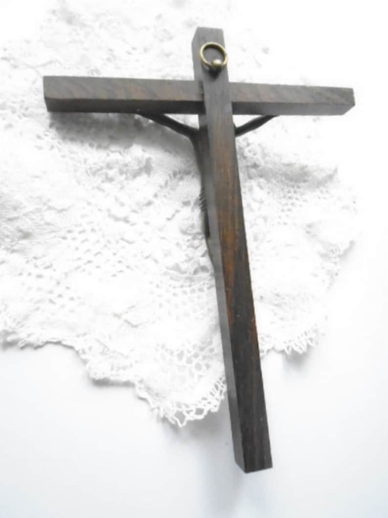 Vintage French Wall Crucifix Slim Wall Crucifix Wood Cross And Brass Corpus Of Christ Religious Wall Hanging photo for sale