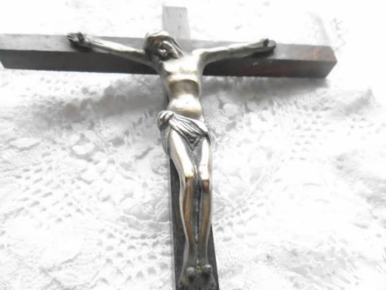 photo furniture Vintage French Wall Crucifix Slim Wall Crucifix Wood Cross And Brass Corpus Of Christ Religious Wall Hanging