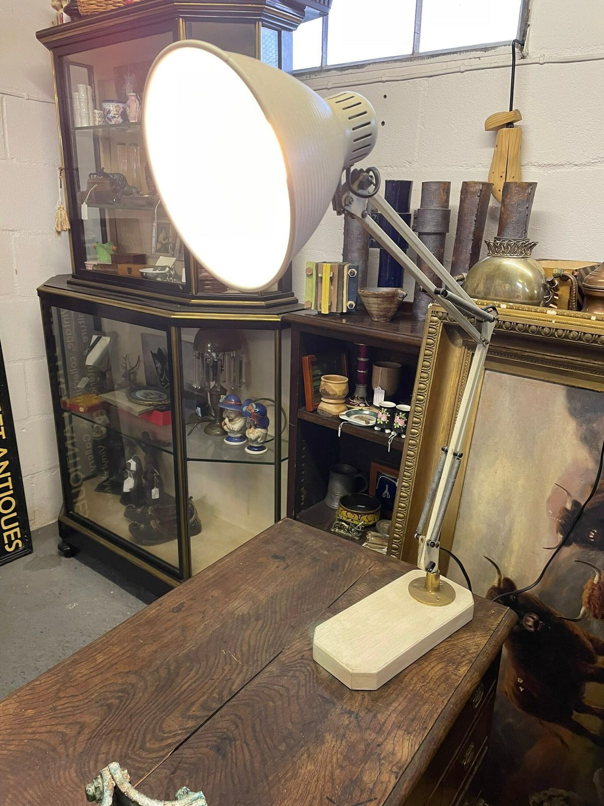 Industrial Machinist Lamp Repurposed Onto A Wooden Science Lab Bench Slab Tested Ready To Use Mid Century Vintage Angle Poise photo vinterior
