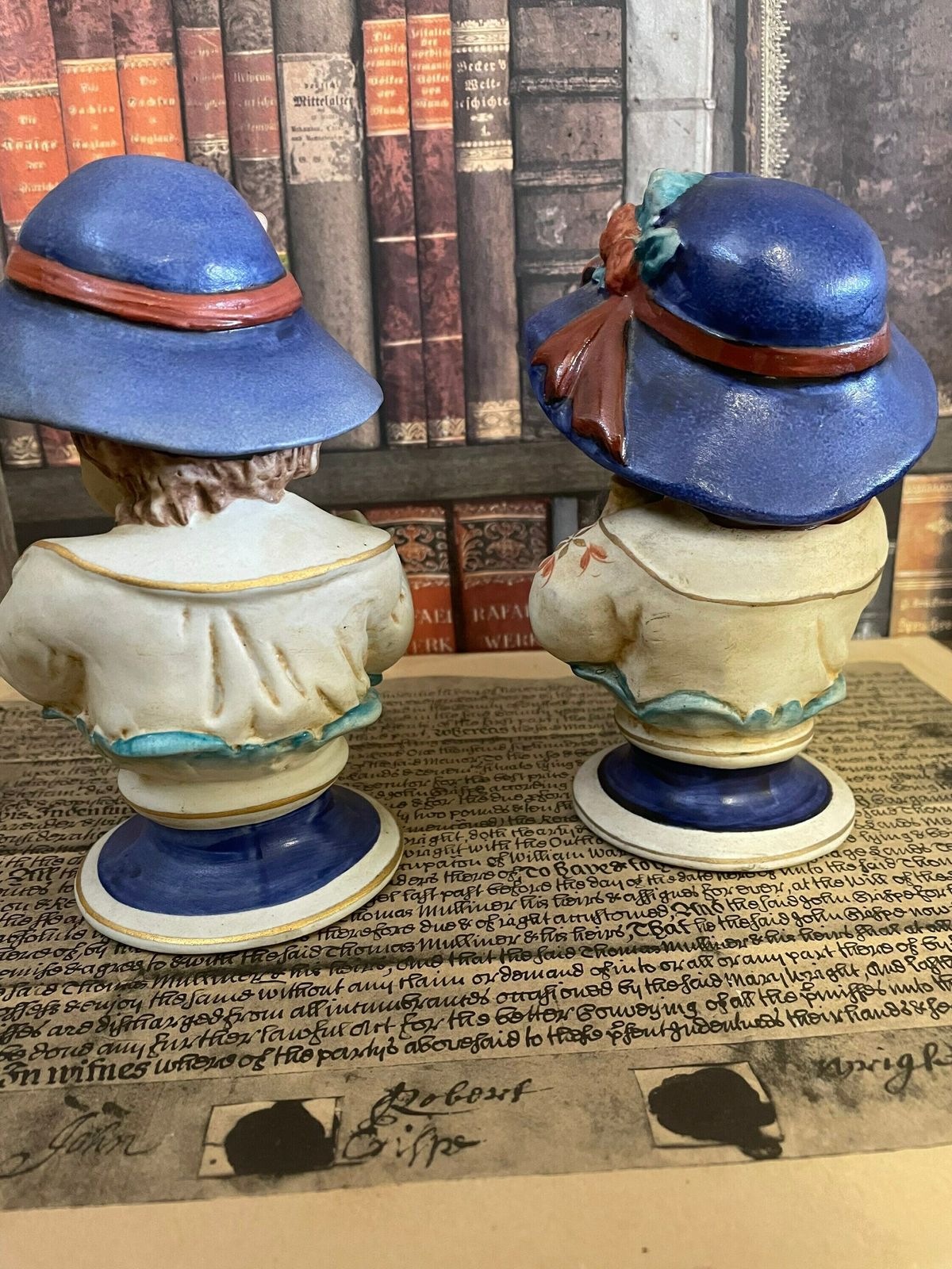 Pair Of Nymphenburg Porcelain Style Bisque Boy With Horn Girl With Lamb In Blue Hats Figures Antique photo vintage
