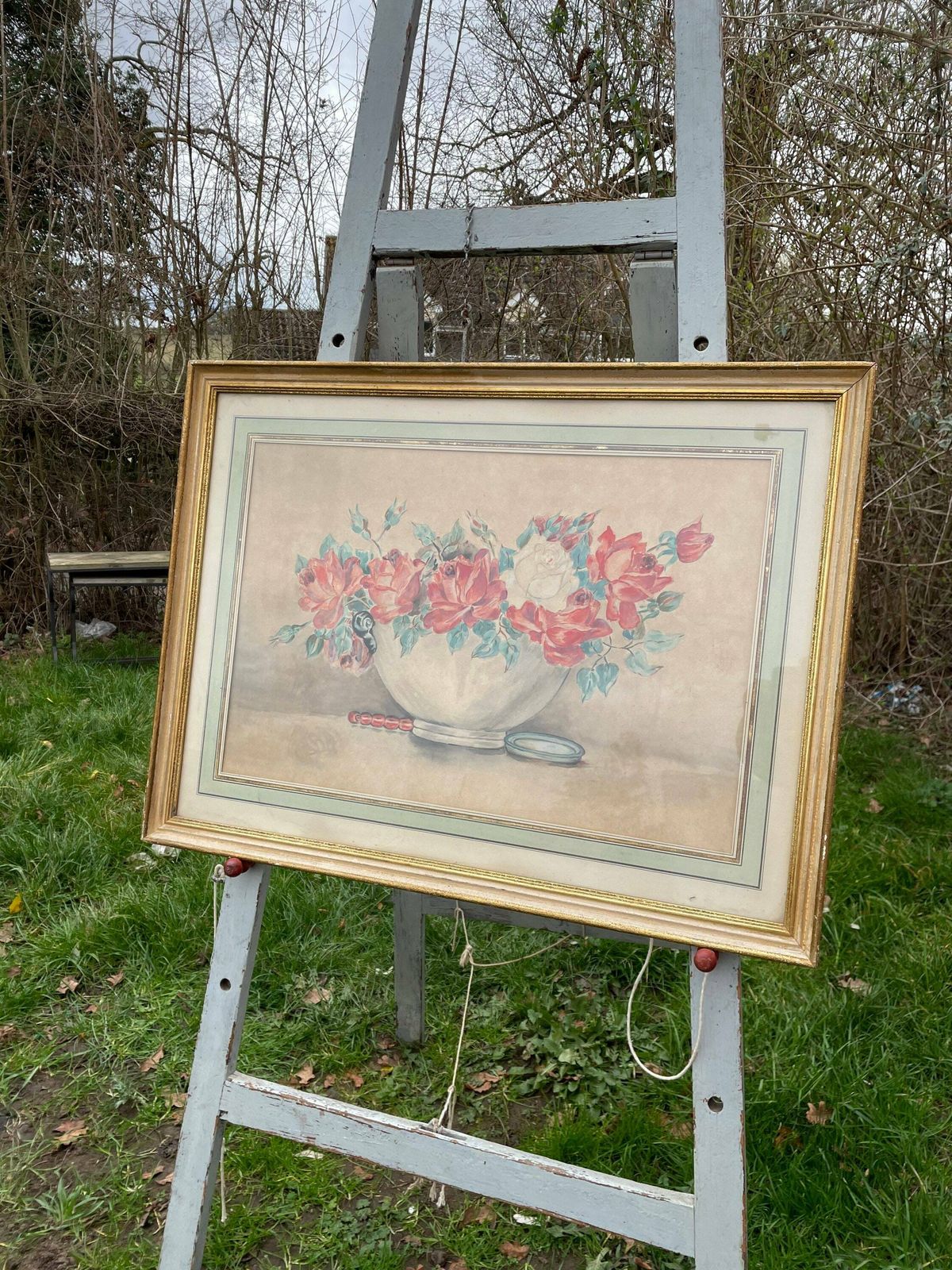 photo furniture Large Watercolour Floral Shabby Chic Vintage Rustic Painting In Gold Distressed Frame With Green Watercolour Mount